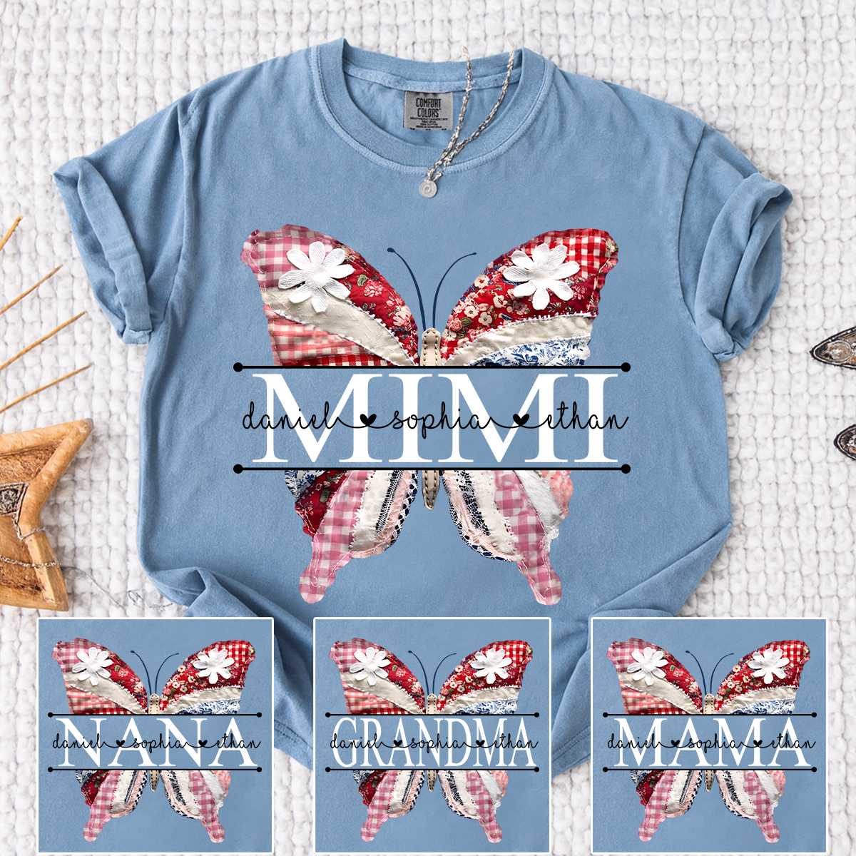 Comfort Personalized Mimi Shirt with Grandkids Names, Colorful Patchwork Butterfly Design Family Tee