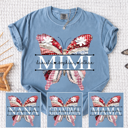 Comfort Personalized Mimi Shirt with Grandkids Names, Colorful Patchwork Butterfly Design Family Tee