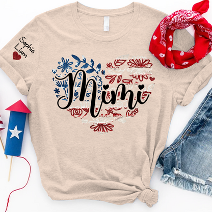 Custom Mimi T Shirt with Kids Names Patriotic Heart American Flag Floral Design Personalized Family Gift for Mimi