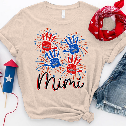 Personalized Mimi Shirt with Handprints, Custom Grandkids Names and Fireworks Design, Perfect Gift for Mimi
