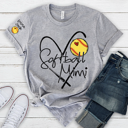 Softball Mimi Shirt Personalized with Grandkids Names, Heart and Bat Sports Family T Shirt