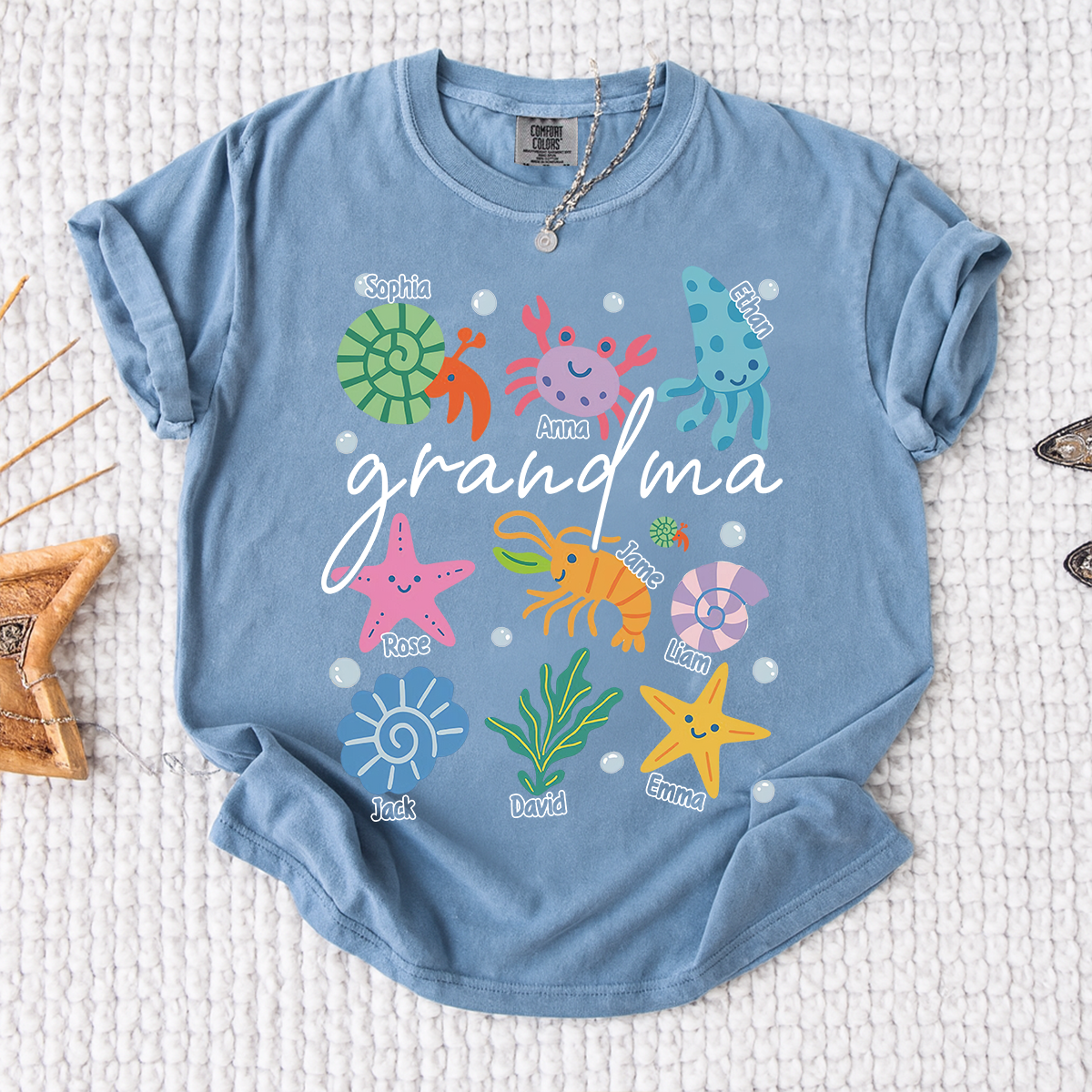 Comfort Colors® Personalized Grandma Sea Animals Shirt, Custom Grandkids Names Tee, Coastal Grandma Ocean Life T Shirt, Beach Gift for Grandma