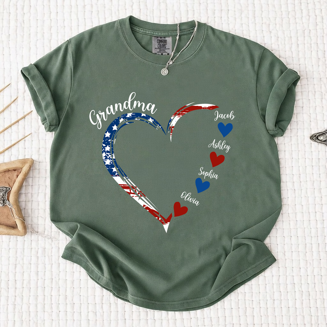 Comfort Colors Personalized Grandma Heart Shirt with Grandkids Names - Custom American Flag Heart Tee - Gift for Nana, Mimi, Gigi