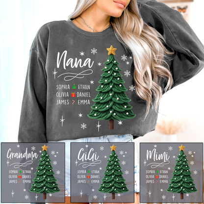 Nana Christmas Sweatshirt with Grandkids’ Names, Cute Tree Holiday Gift