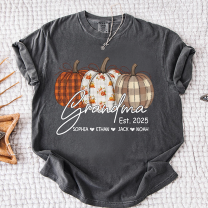 Comfort Colors® Personalized Grandma Pumpkin Tee, Custom Fall Shirt with Grandkids Names