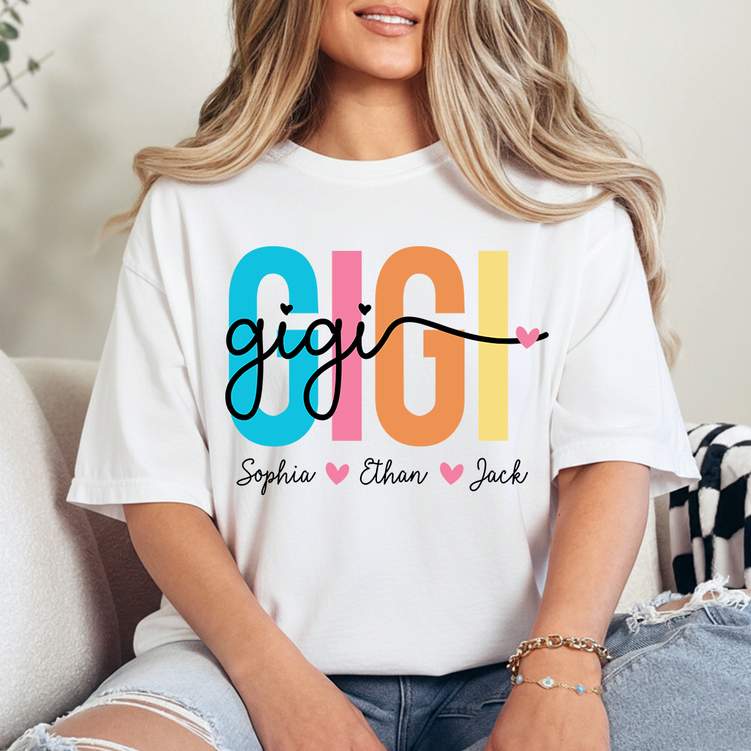 Personalized Gigi Shirt with Grandkids Names, Colorful GIGI Graphic Tee, Custom Grandma T Shirt, Family Gift for Gigi from Grandchildren