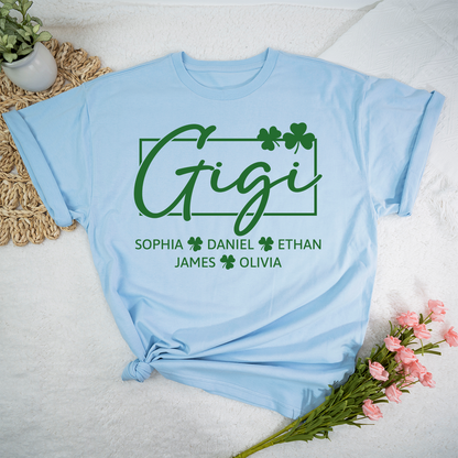 Personalized Gigi Shirt St Patricks Day Shamrock Design, Custom Grandma Shirt With Kids Names