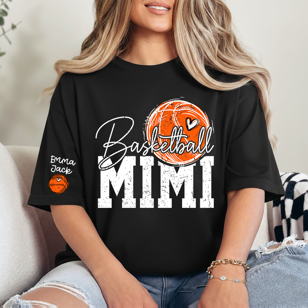 Basketball Mimi T Shirt with Custom Names, Basketball Heart and Hoop Design