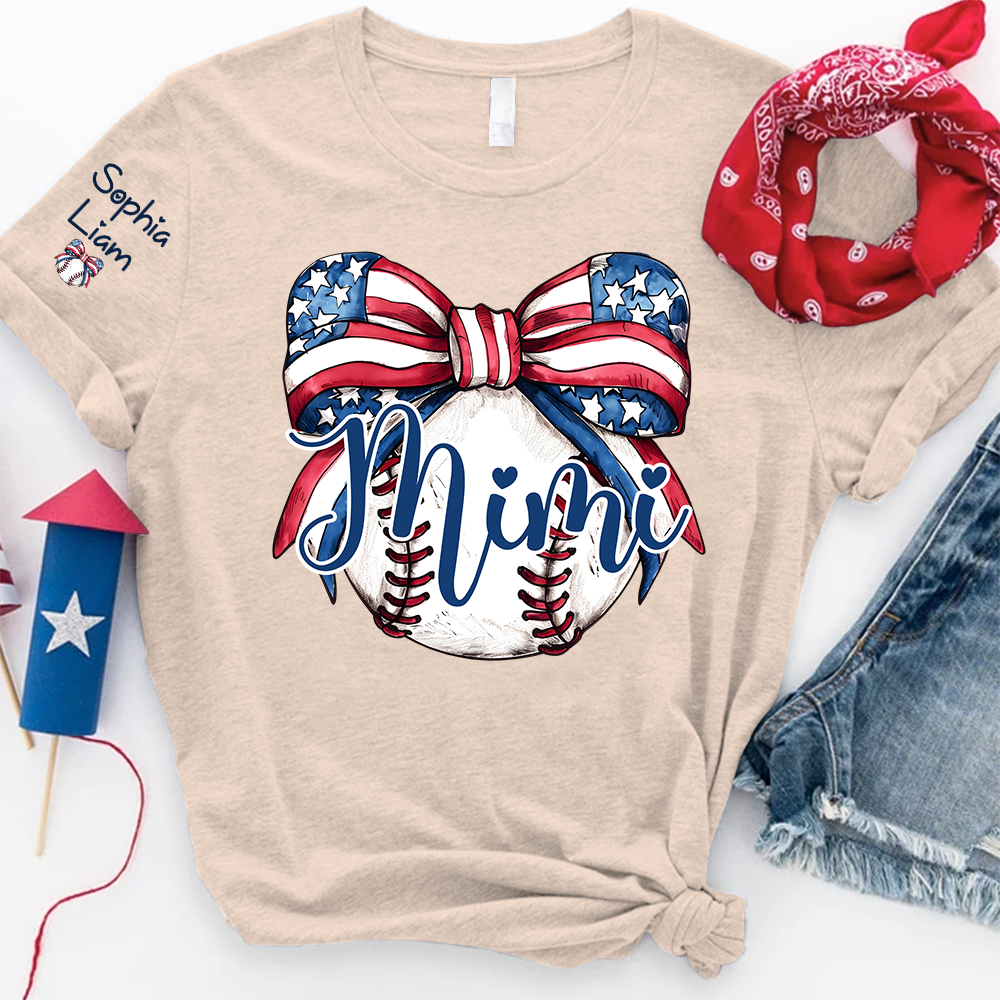 Personalized Mimi Baseball Shirt, Custom Grandma Baseball Bow T Shirt with Kids Names, Patriotic Family Gift for 4th of July