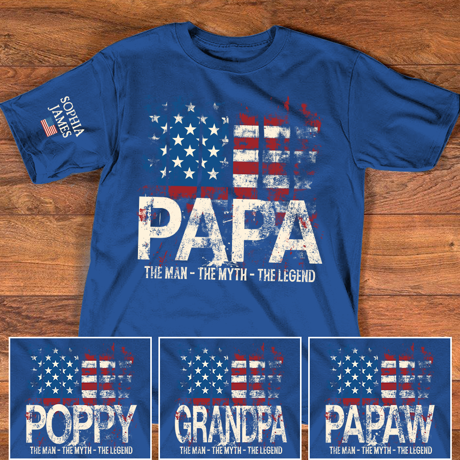 Custom Papa T-Shirt with USA Flag Graphic – Personalized Gift for Father Featuring Kids’ Names