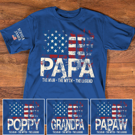 Custom Papa T-Shirt with USA Flag Graphic – Personalized Gift for Father Featuring Kids’ Names