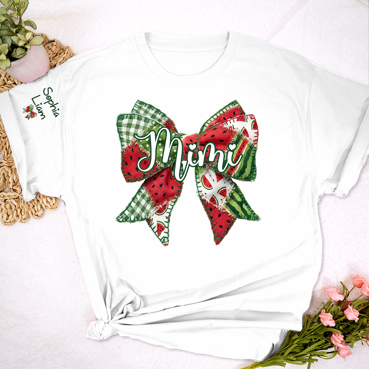 Personalized Mimi Watermelon Bow Shirt, Custom Grandma T Shirt with Grandkids Names, Summer Family Tee for Nana Gigi Mimi