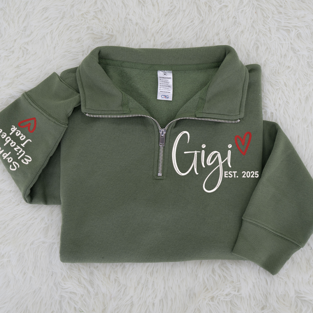 Custom Gigi Heart Embroidered Zip Sweater, Personalized For Grandma with Grandchild Names