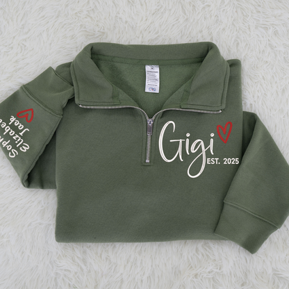 Custom Gigi Heart Embroidered Zip Sweater, Personalized For Grandma with Grandchild Names