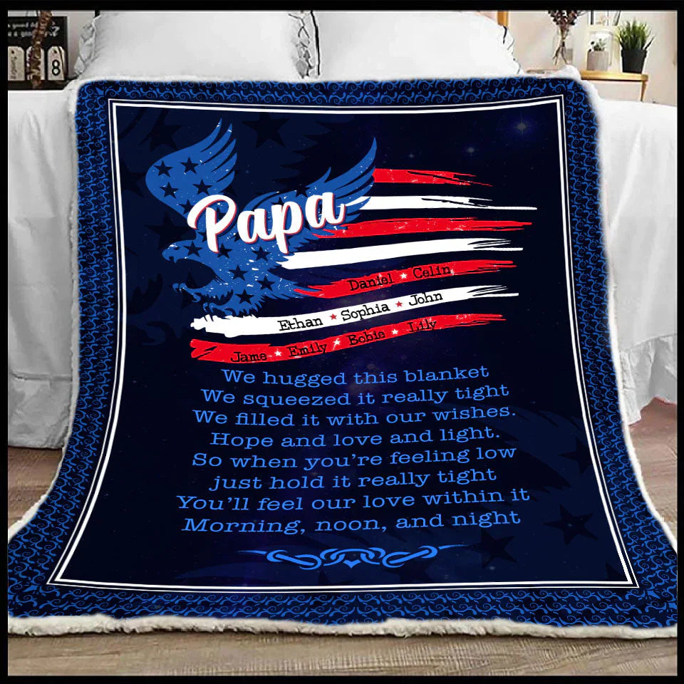 Personalized Papa with Grandkids Names 4th Of July Blanket, Custom Papa Fleece Sherpa Blanket, Father's Day Blanket