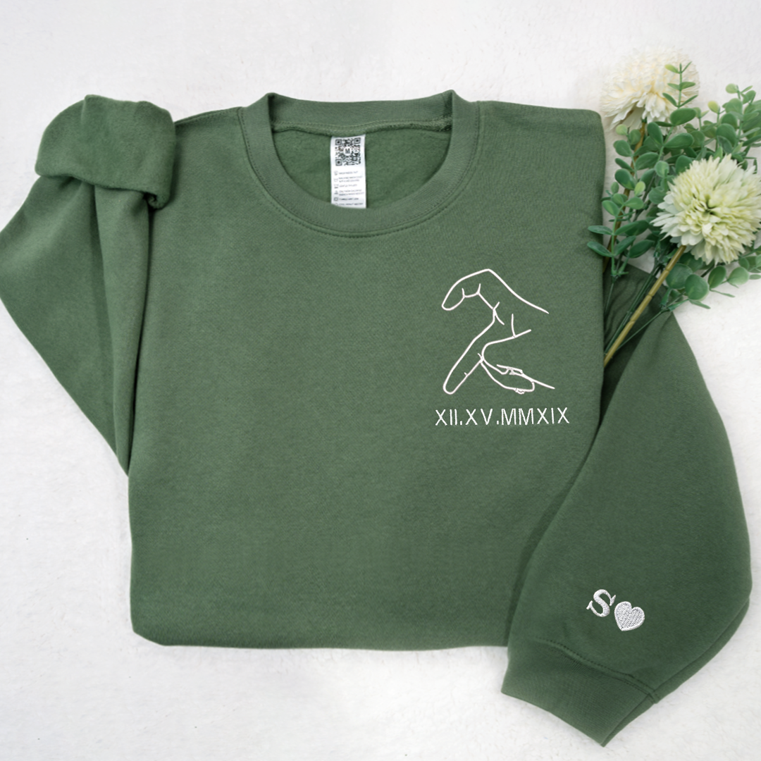 Custom Embroidered Sweatshirt,Custom Embroidered Roman Numeral Date - Initials On Sleeves TH