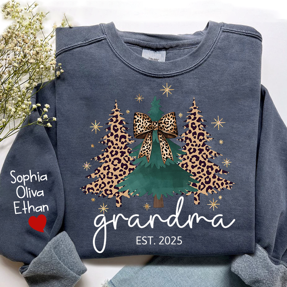 Christmas Sweater Printed with Personalized Name, Leopard Christmas Tree Personalized Gift for Grandma