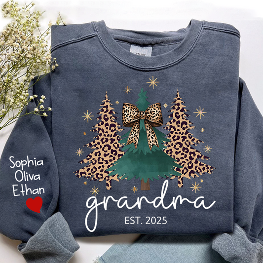 Christmas Sweater Printed with Personalized Name, Leopard Christmas Tree Personalized Gift for Grandma
