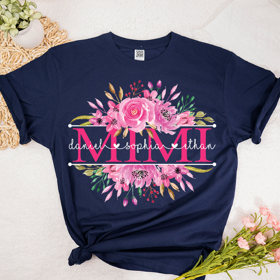 Custom Mimi T Shirt, Grandkids Names with Floral Rose Design Family Gift