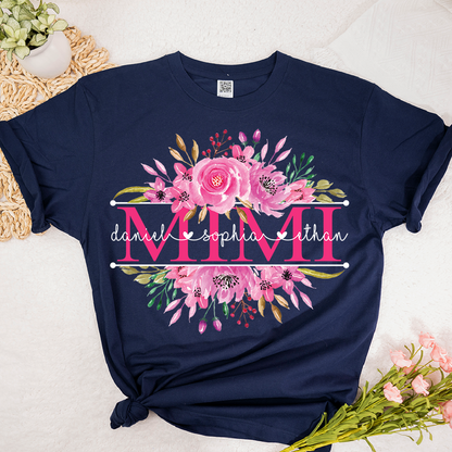 Custom Mimi T Shirt, Grandkids Names with Floral Rose Design Family Gift