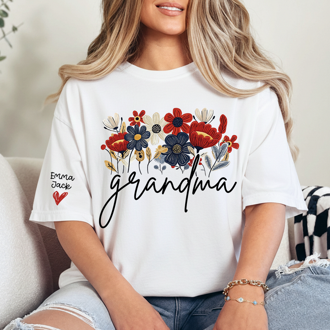 Personalized Grandma Floral Shirt with Custom Grandkids Names, Colorful Flower Design