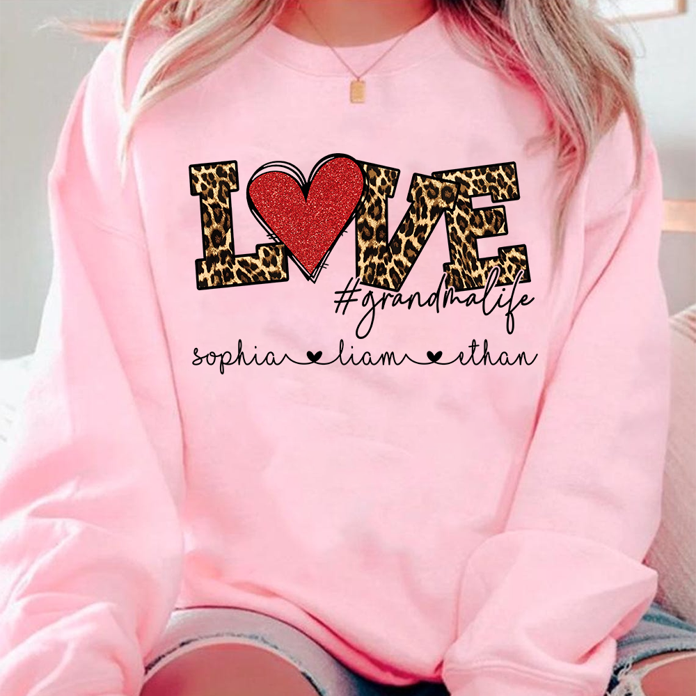 Personalized Grandma Sweatshirt with Grandkids Names, LOVE Leopard Heart Design, Grandma Life Custom Family Crewneck
