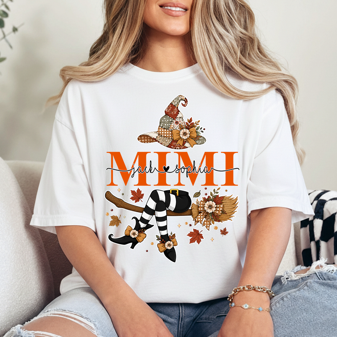 Personalized Mimi Witch Halloween Shirt, Fall Pumpkin Grandma Tee, Custom Grandkids Names T Shirt, Cute Autumn Gift for Mimi