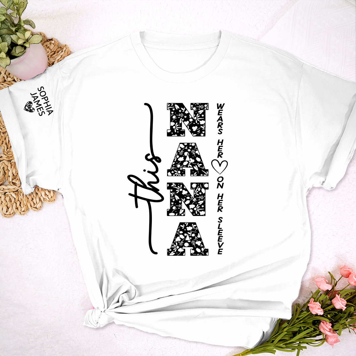 This Nana Wears Her Heart on Her Sleeve Floral Pattern Shirt, Personalized Grandma T Shirt with Names