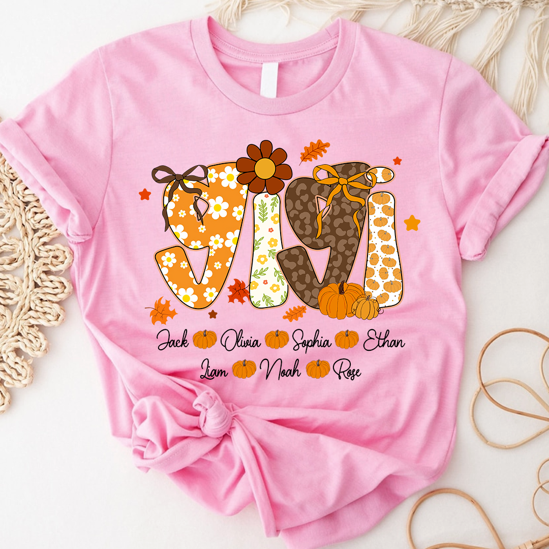 Personalized Pumkin Grandma TShirt, Custom Gigi Nickname with Kids’ Names