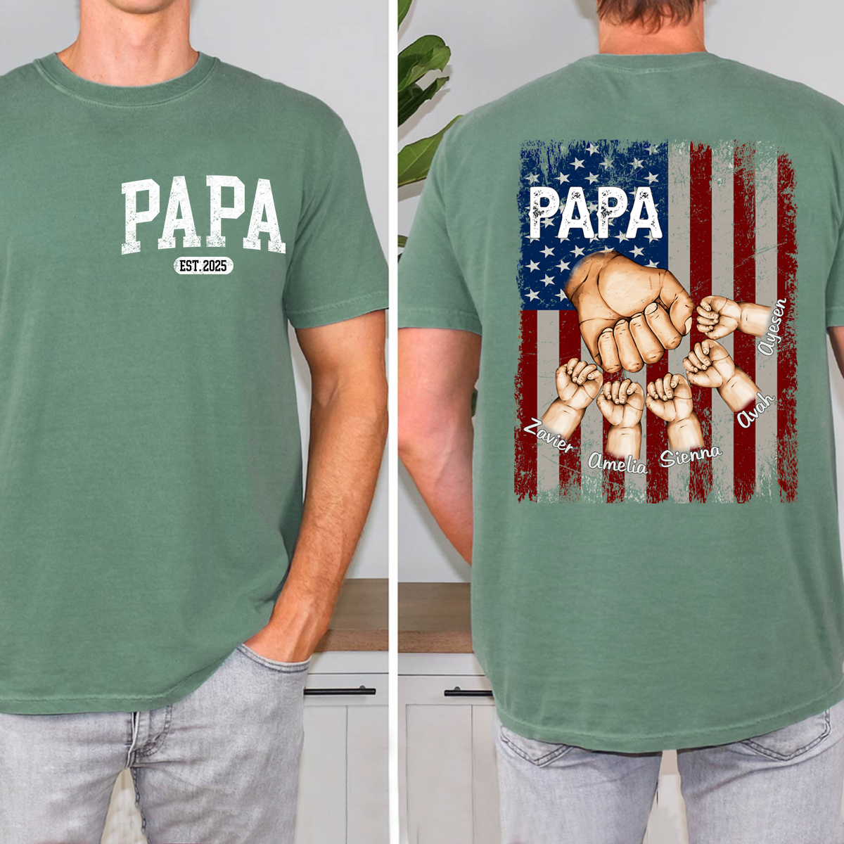 Personalized Papa Fist Bump Grandchild Names Shirt, Customized Fathers Day Grandkids Hands Name T-Shirt