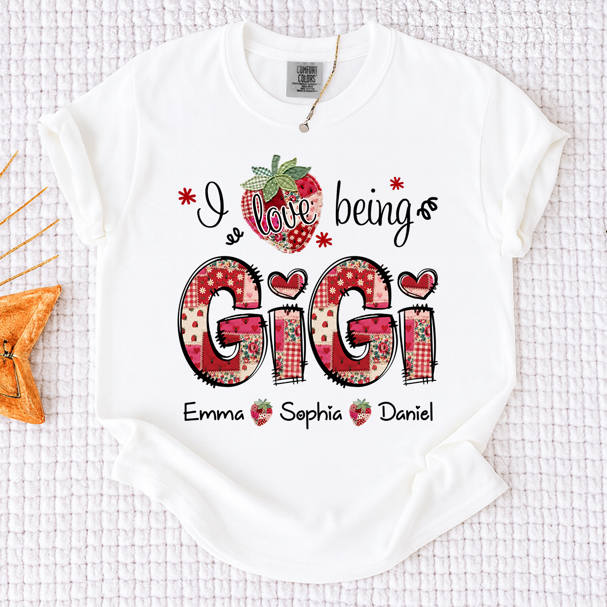 Comfort Colors Personalized I Love Being Gigi Shirt, Custom Grandma Strawberry Patchwork Tee with Names, Gift for Grandma