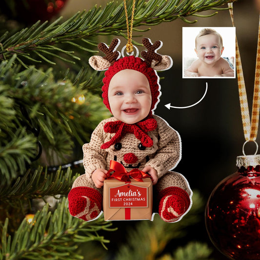 Custom Baby First Christmas Acrylic Ornament, Personalized Photo Holiday Reindeer Tree Decoration
