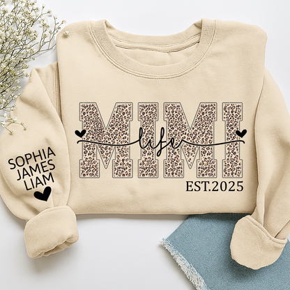 Mimi Life Leopard Sweatshirt, Personalized Grandma Est With Grandchildren Names