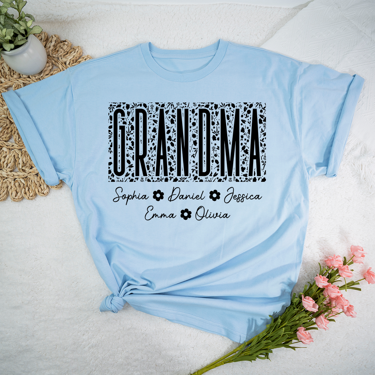 Custom Grandma Floral Shirt, Personalized Names of Grandchildren T Shirt, Meaningful Family Gift for Grandma