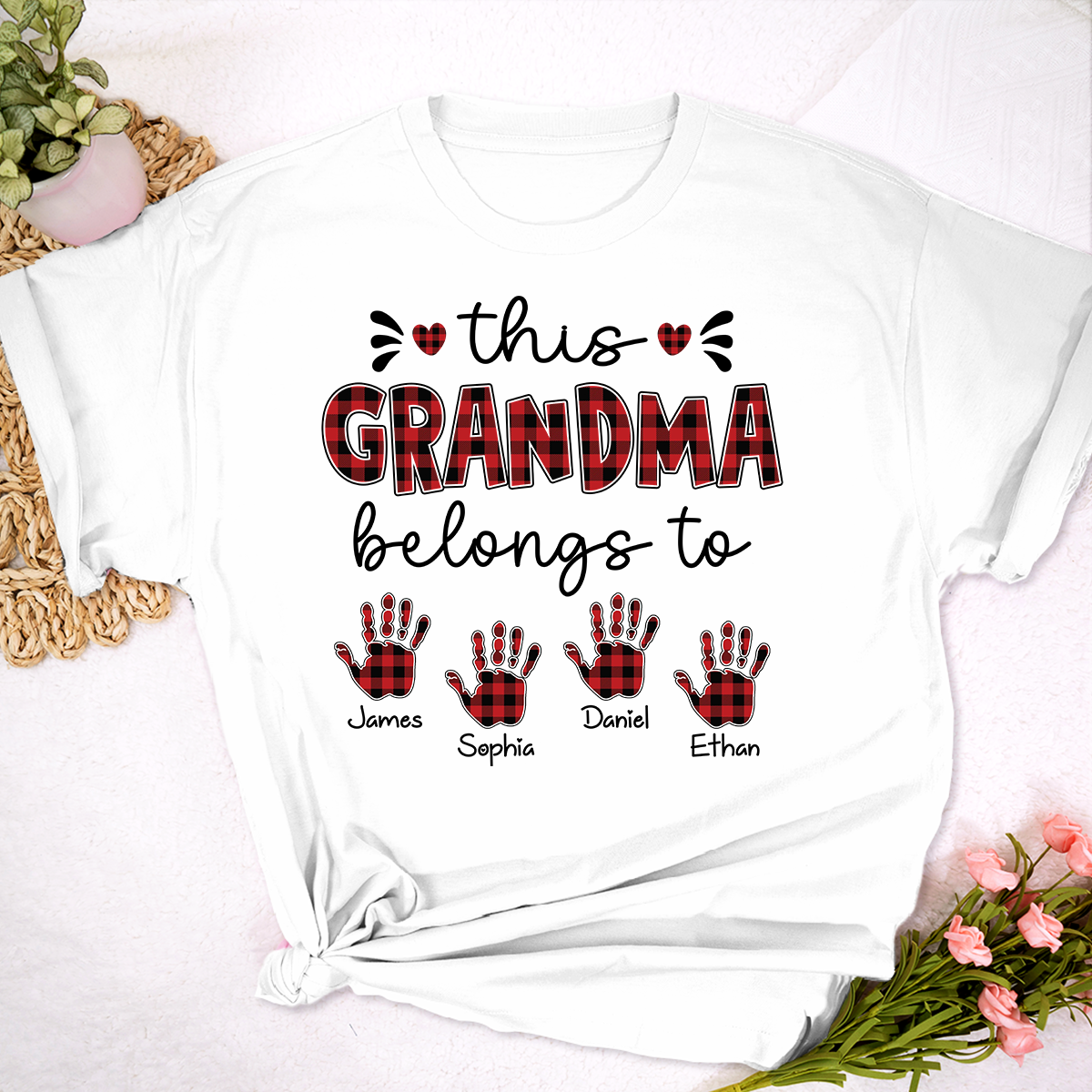 This Grandma Belongs To Tee, Custom Grandma Shirt with Grandkids Names, Red Plaid Handprint Gift, Meaningful Family Apparel