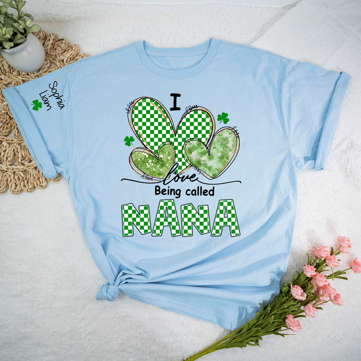 I Love Being Called Nana Shamrock Shirt, St Patricks Day Grandma T Shirt with Green Hearts, Cute Nana Gift for Spring Holiday