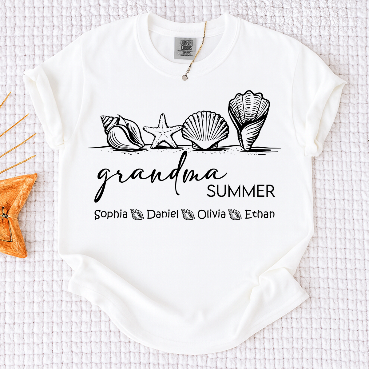 Comfort Colors Grandma Summer Vacation Shirt, Personalized Seashell T-Shirt with Kids Names, Beach Lover Grandma Family Trip Gift