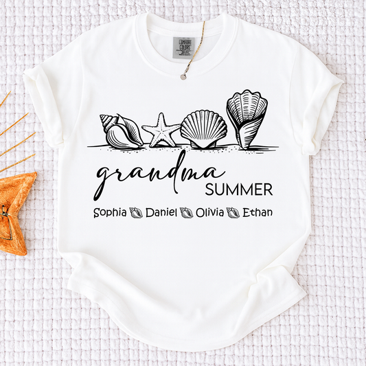 Comfort Colors Grandma Summer Vacation Shirt, Personalized Seashell T-Shirt with Kids Names, Beach Lover Grandma Family Trip Gift