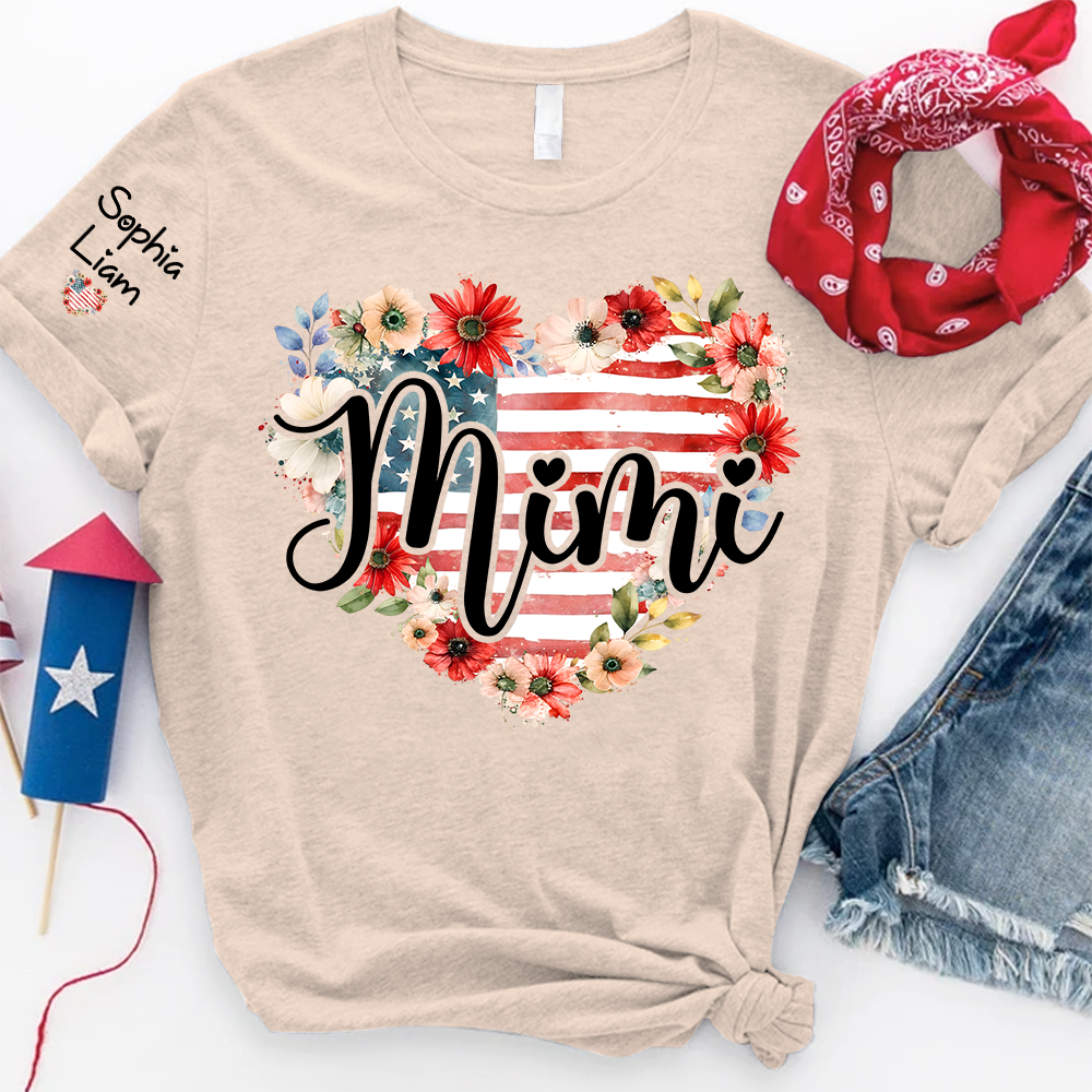 Mimi Patriotic Floral T Shirt, Custom Heart Design with American Flag, Personalized Gift for Grandma, Perfect for Mother’s Day