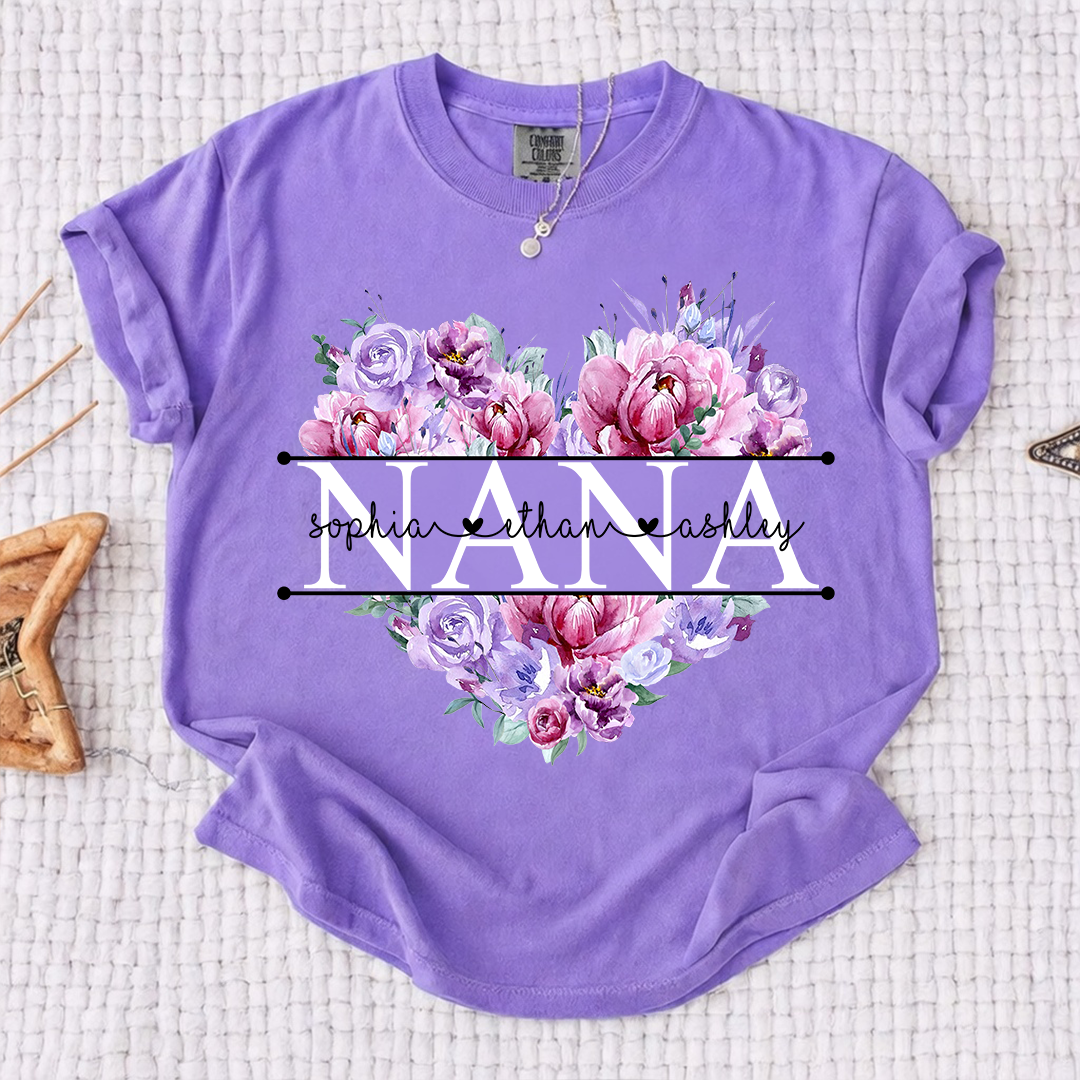 Comfort Color Personalized Nana Shirt Purple Floral Heart Design Custom Grandma Mimi Gigi Name Tee with Grandkids Names Elegant Family Outfit for Women