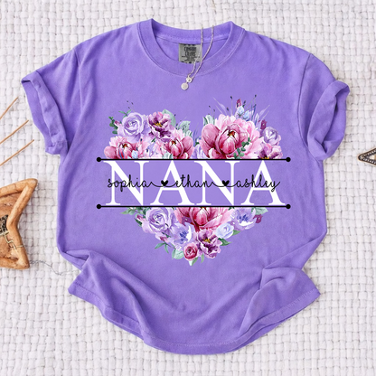 Comfort Color Personalized Nana Shirt Purple Floral Heart Design Custom Grandma Mimi Gigi Name Tee with Grandkids Names Elegant Family Outfit for Women
