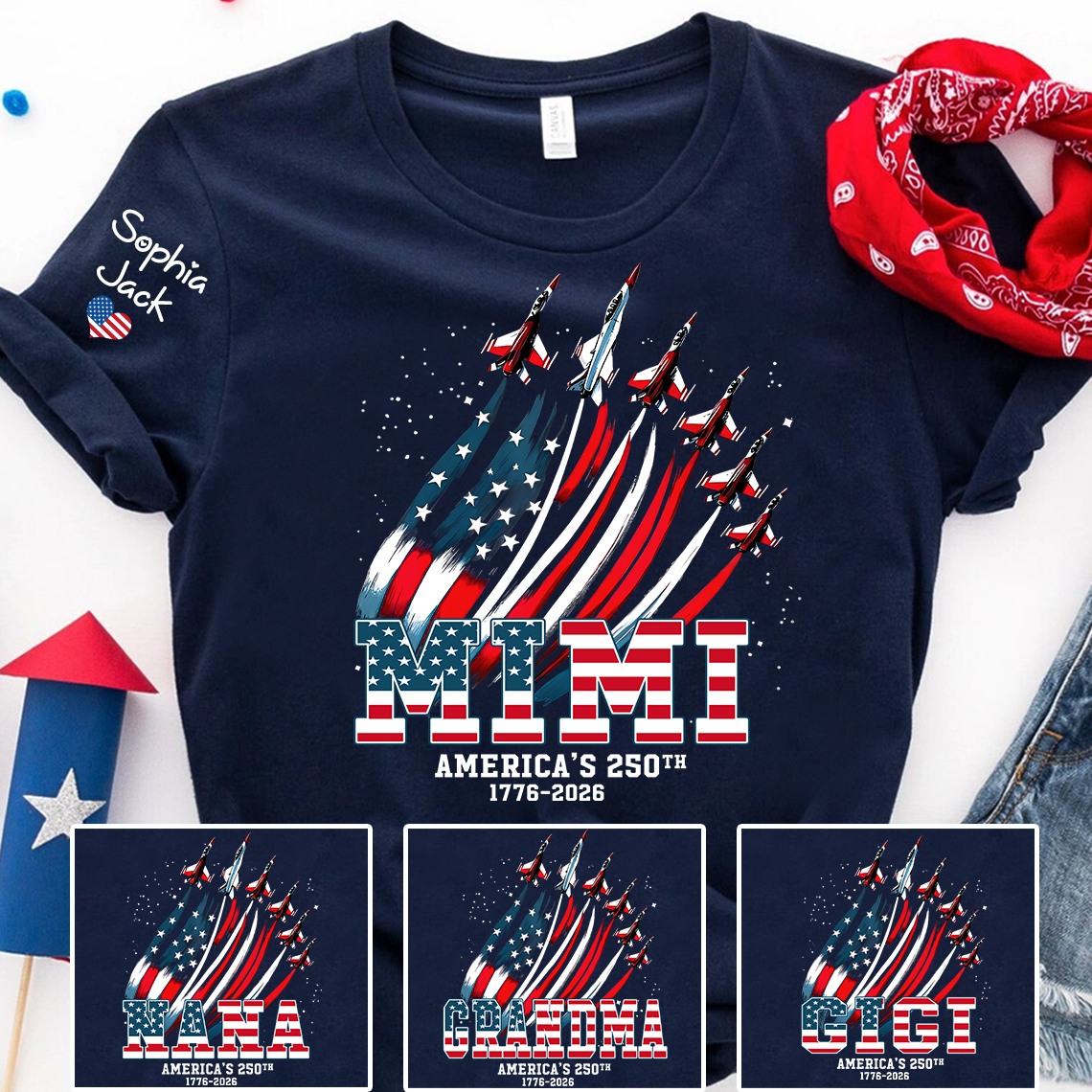 Personalized Mimi America’s 250th Anniversary Shirt, Custom Grandma Nana Gigi Patriotic T Shirt, USA Flag 4th of July Family Apparel