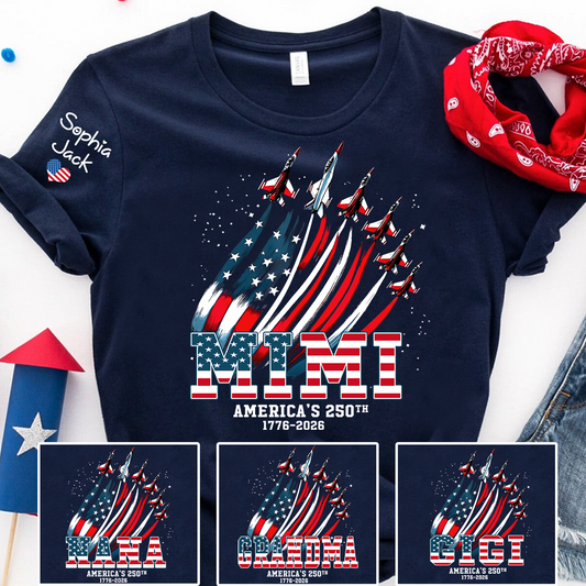 Personalized Mimi America’s 250th Anniversary Shirt, Custom Grandma Nana Gigi Patriotic T Shirt, USA Flag 4th of July Family Apparel