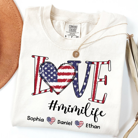Comfort Colors Custom Mimi T Shirt with Grandkids Names USA Flag Love Graphic Mimi Life Shirt Personalized Grandma Apparel Family Gift