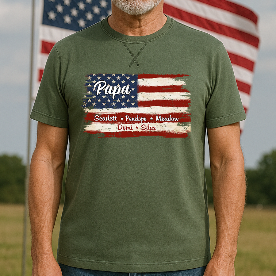 Grandpa With Grandkids Names 4th Of July Flag Classic X-Stitch Tee