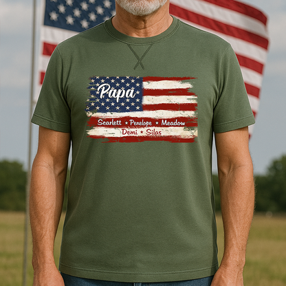 Grandpa With Grandkids Names 4th Of July Flag Classic X-Stitch Tee