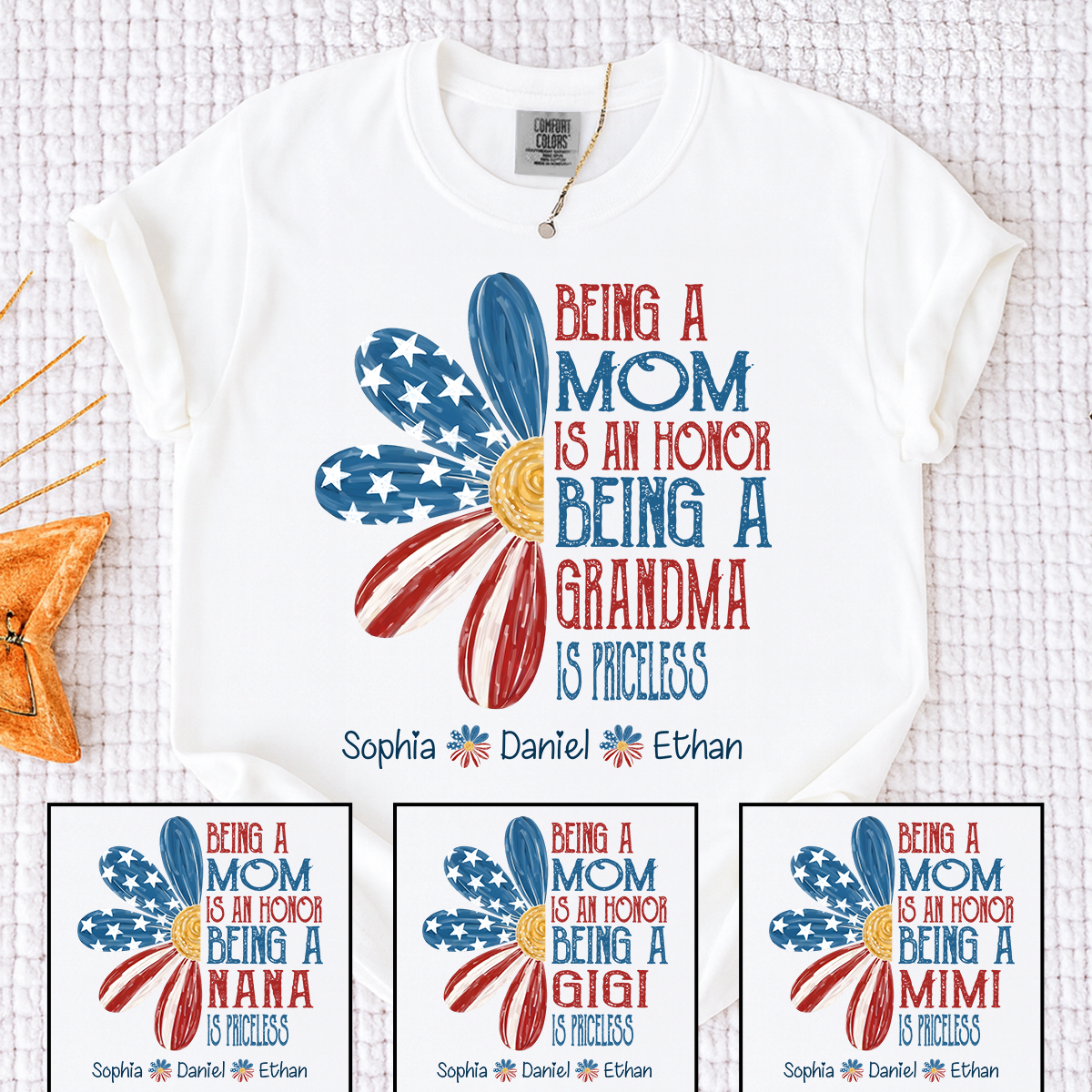Comfort Colors Custom Mimi T Shirt with Grandkids Names USA Flag Daisy Graphic Being a Mom Is an Honor Mimi Is Priceless Family Name Personalized Apparel