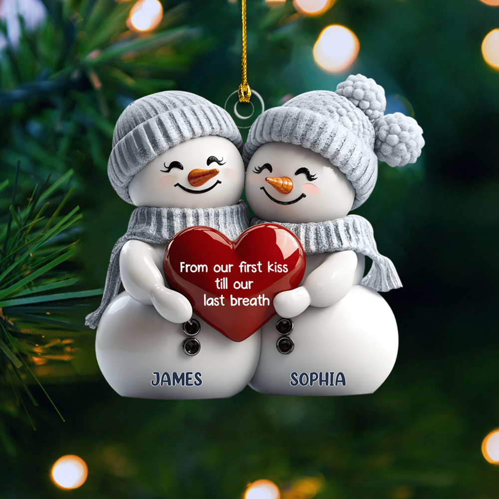 Personalized Couple Snowman Ornament – Custom Names & Romantic Message Christmas Tree Decor, Cute Winter Gift for Couples Ornament