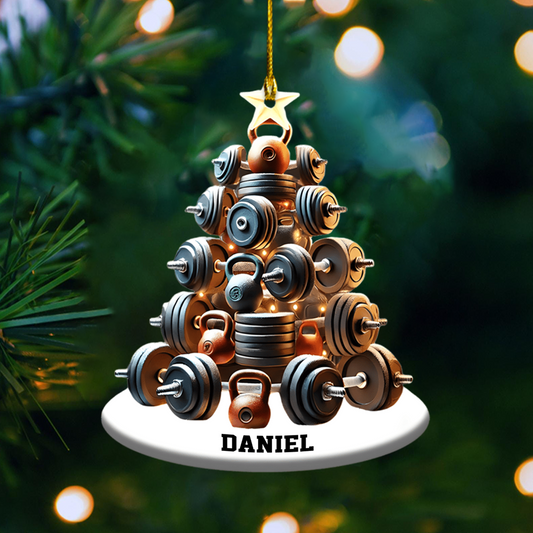 Personalized Gym Ornament 2025 – Custom Name Dumbbell Christmas Tree Ornament, Gift for Fitness Lovers Ornament