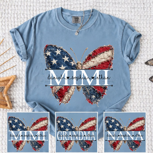 Comfort Colors Personalized Mimi Patriotic Butterfly Shirt Custom Grandma Nickname Tee With Grandkids Names Vintage American Flag Butterfly Graphic Nana Gigi Grandma Family 4th of July Apparel